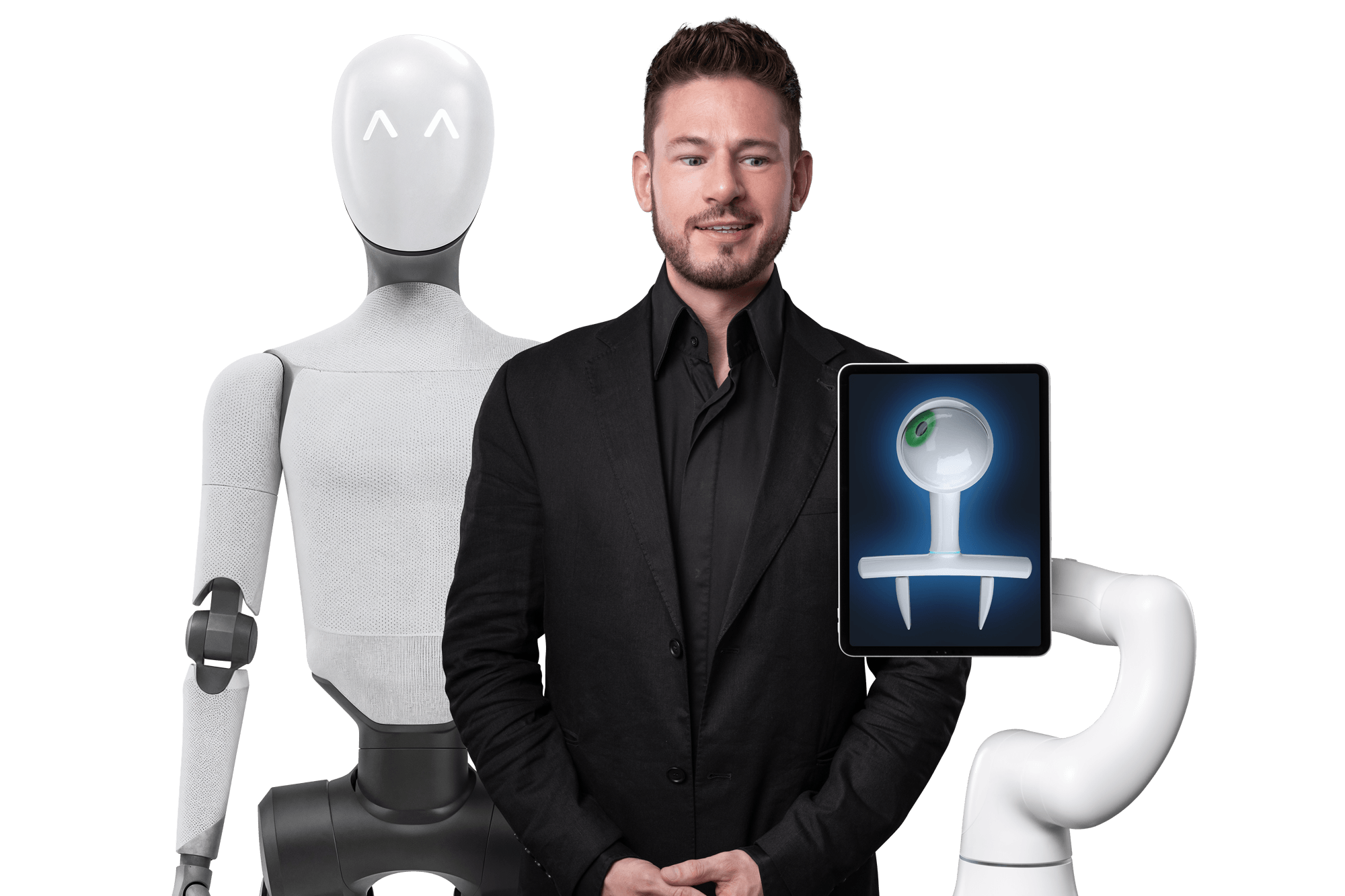 Andreas Axmann mit zwei verschiedenen Robotern